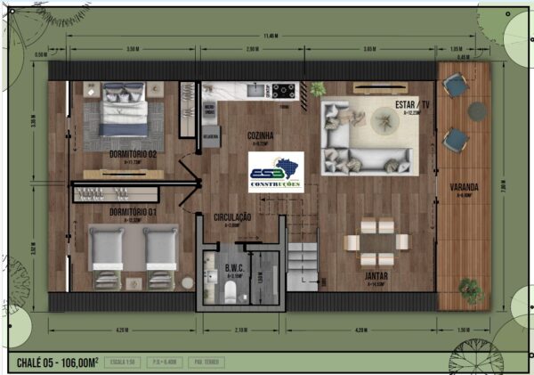 Chalé 106m² – Três quartos, suíte no mezanino – Planta baixa 1