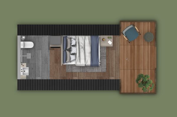 Chalé 15m² – Suíte – Planta baixa 1