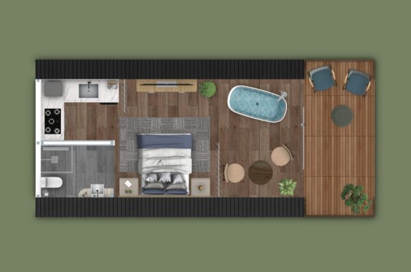 Chalé 33m² – Um quarto, sala e cozinha integrados – Planta baixa 1