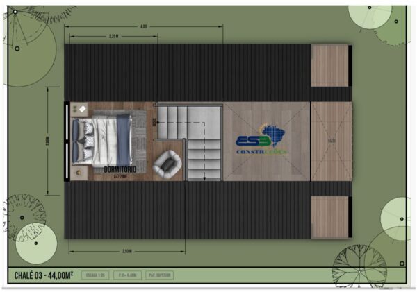 Chalé 44m² – Um quarto no mezanino – Planta baixa 3