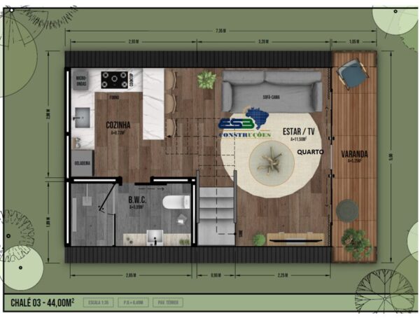 Chalé 44m² – Um quarto no mezanino – Planta baixa 1