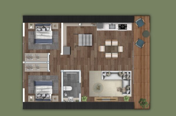 Chalé 80m² – Três quartos e mezanino – Planta baixa 1