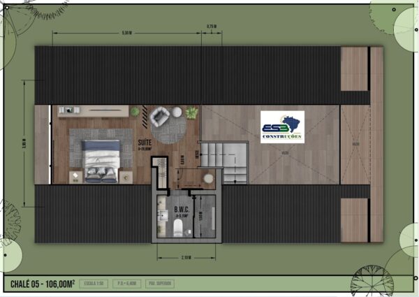Chalé 106m² – Três quartos, suíte no mezanino – Planta baixa 2