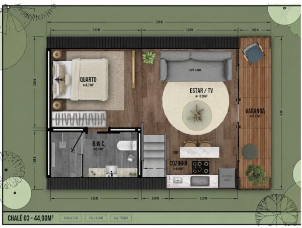 Chalé 44m² – Um quarto no mezanino – Planta baixa 2