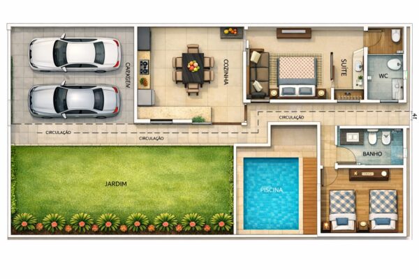Casa em estrutura metálica 93m² – 2 suítes e 2 vagas cobertas – Planta baixa 1