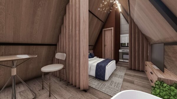 Chalé 33m² – Um quarto, sala e cozinha integrados – Interior 1