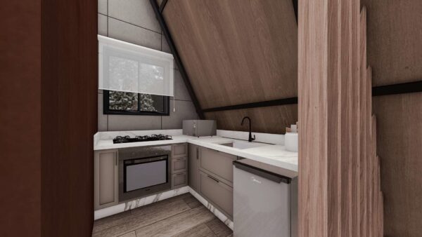 Chalé 33m² – Um quarto, sala e cozinha integrados – Interior 3