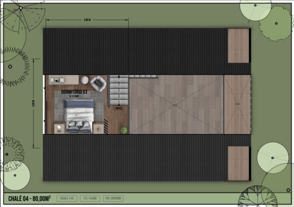 Chalé 80m² – Três quartos e mezanino – Planta baixa 2